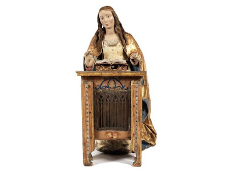 Museale, seltene gotische Marienfigur mit Betpult – Verkündigungsmadonna